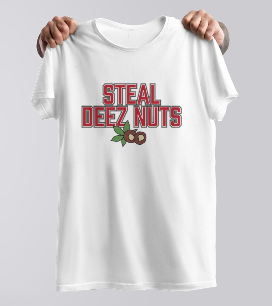 Steal Deez Nuts Christmas Humor Red Text With Hazelnuts And Leaves T-Shirt
