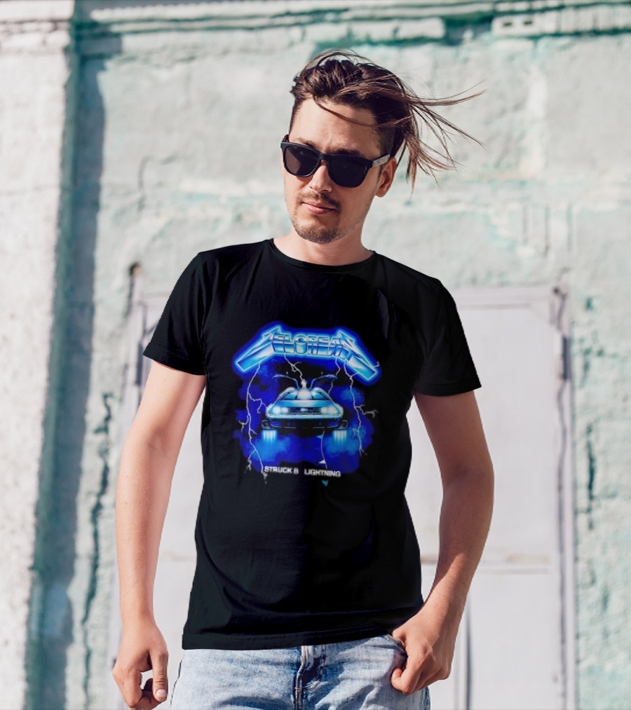 Delorean Struck By Lightning Iconic Neon Blue Electric T-Shirt