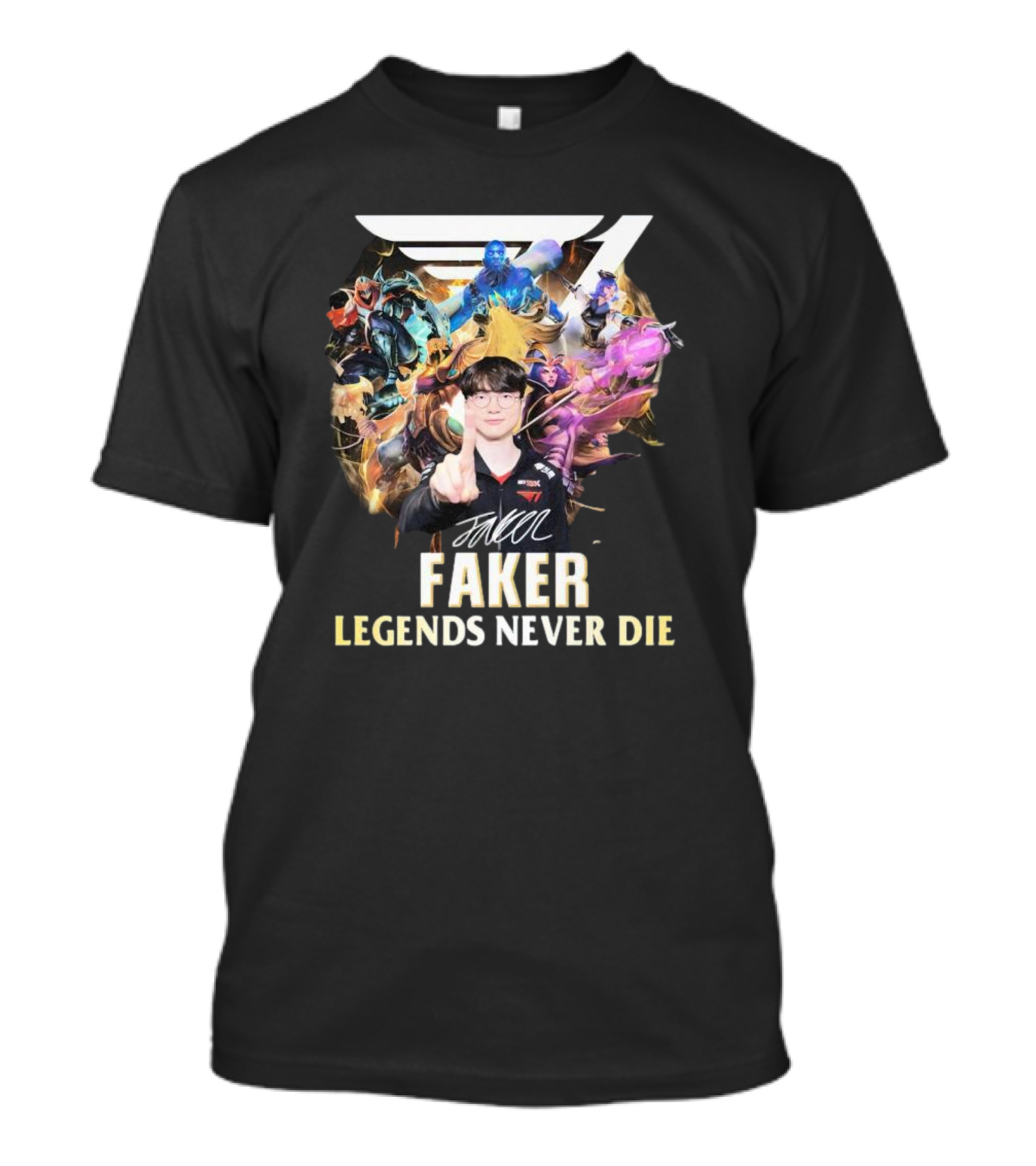Faker Legends Never Die Signature T1 Esports Champion T-Shirt