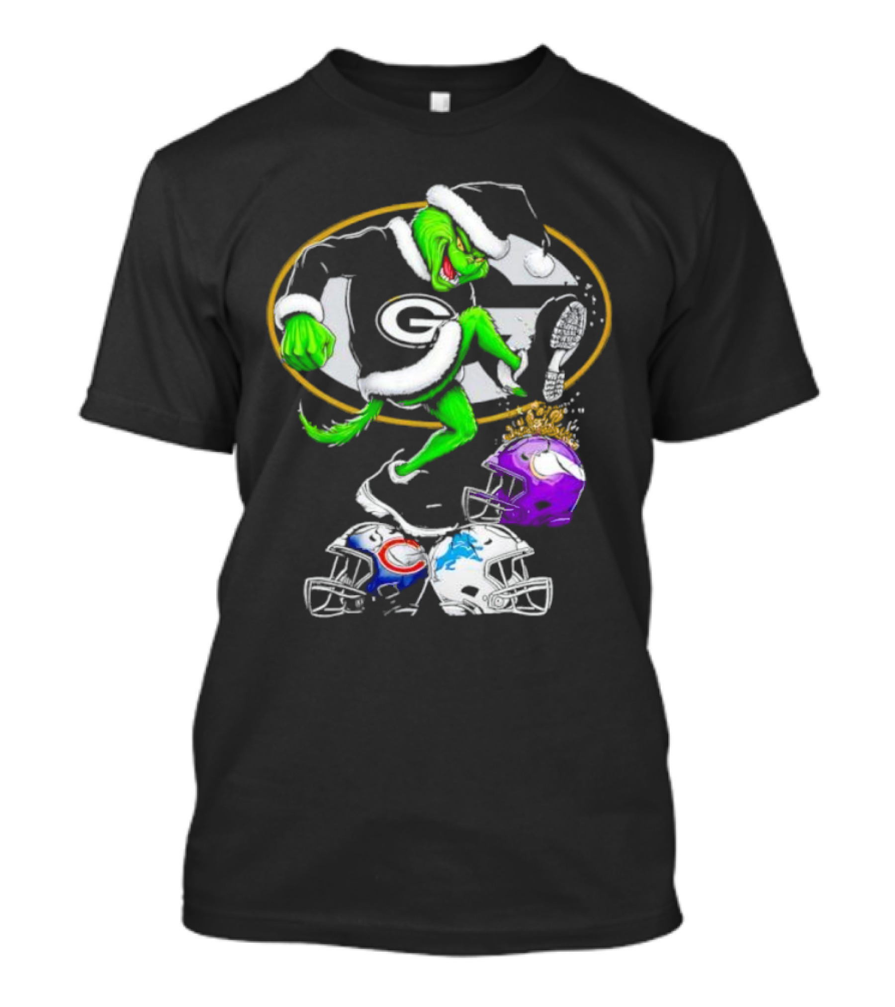 Green Bay Packers Grinch Santa Stepping On NFL Helmets Funny Christmas T-Shirt