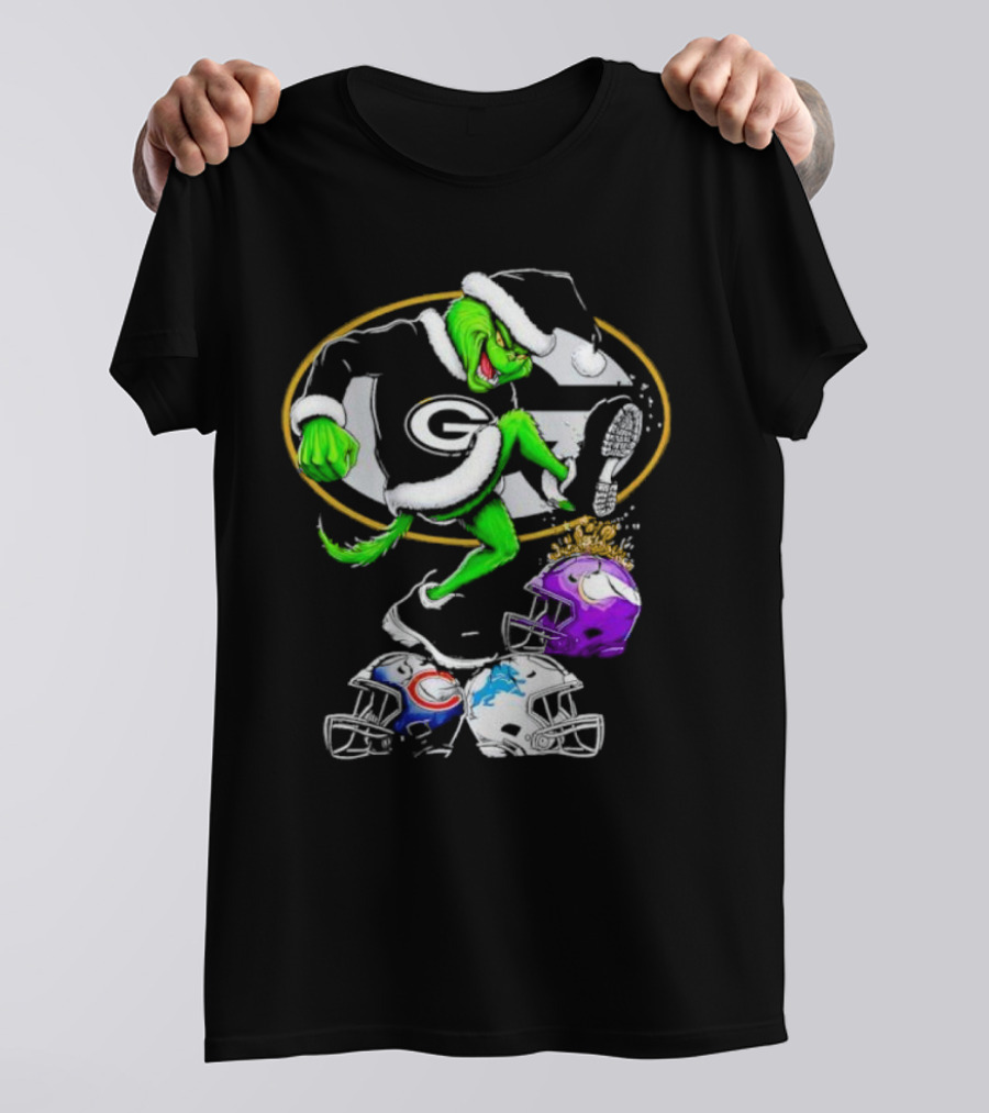 Green Bay Packers Grinch Santa Stepping On NFL Helmets Funny Christmas T-Shirt