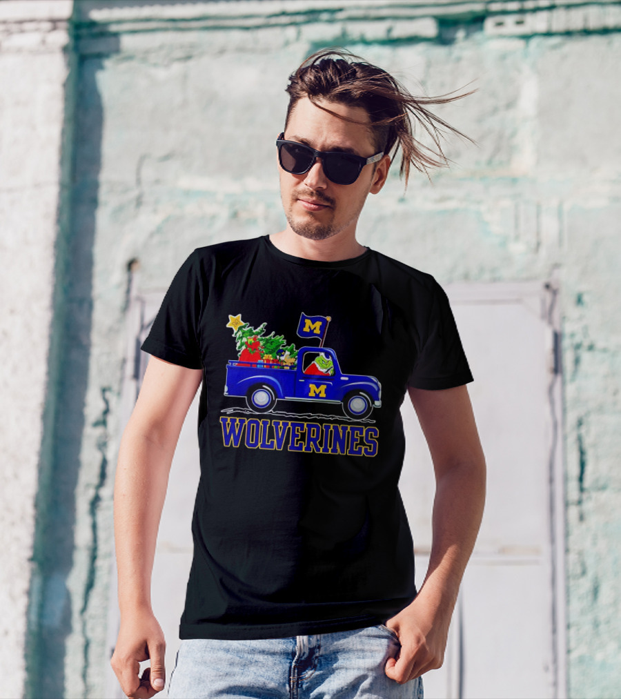 Grinch Driving Blue Wolverines Truck With Christmas Tree Michigan Football T-Shirt