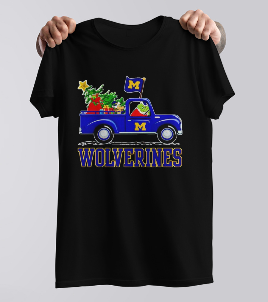 Grinch Driving Blue Wolverines Truck With Christmas Tree Michigan Football T-Shirt