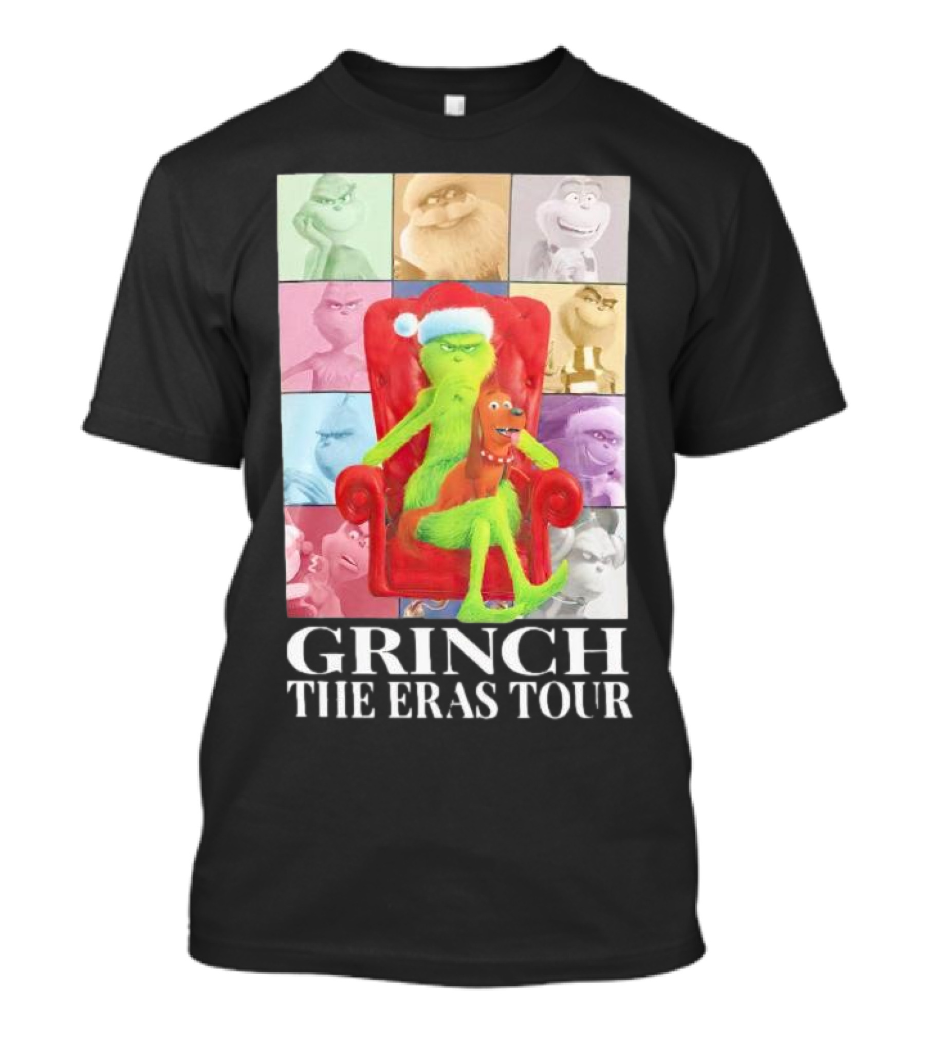 Grinch Christmas With Santa Hat Dog And Chair Icon Collage T-Shirt