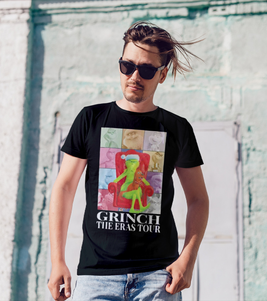 Grinch Christmas With Santa Hat Dog And Chair Icon Collage T-Shirt
