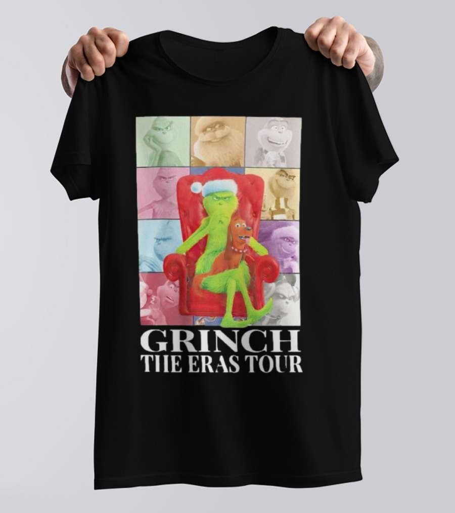 Grinch Christmas With Santa Hat Dog And Chair Icon Collage T-Shirt