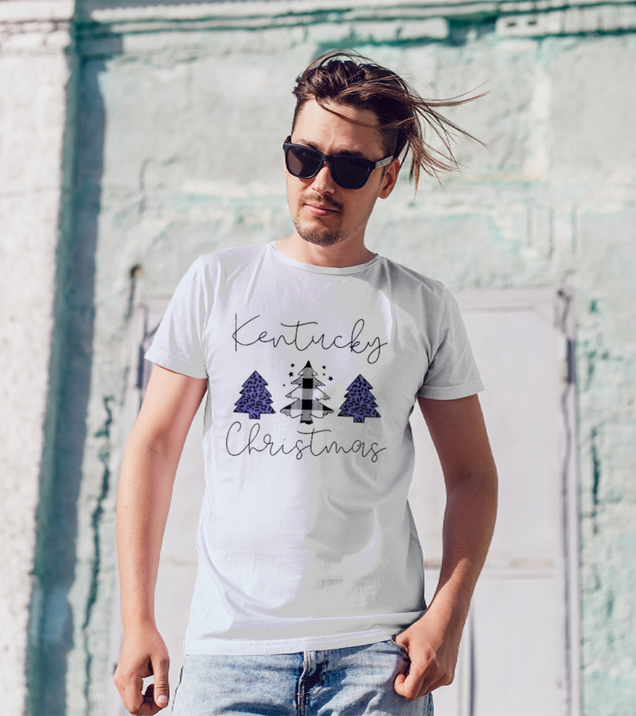 Kentucky Christmas Blue Plaid And Leopard Trees T-Shirt