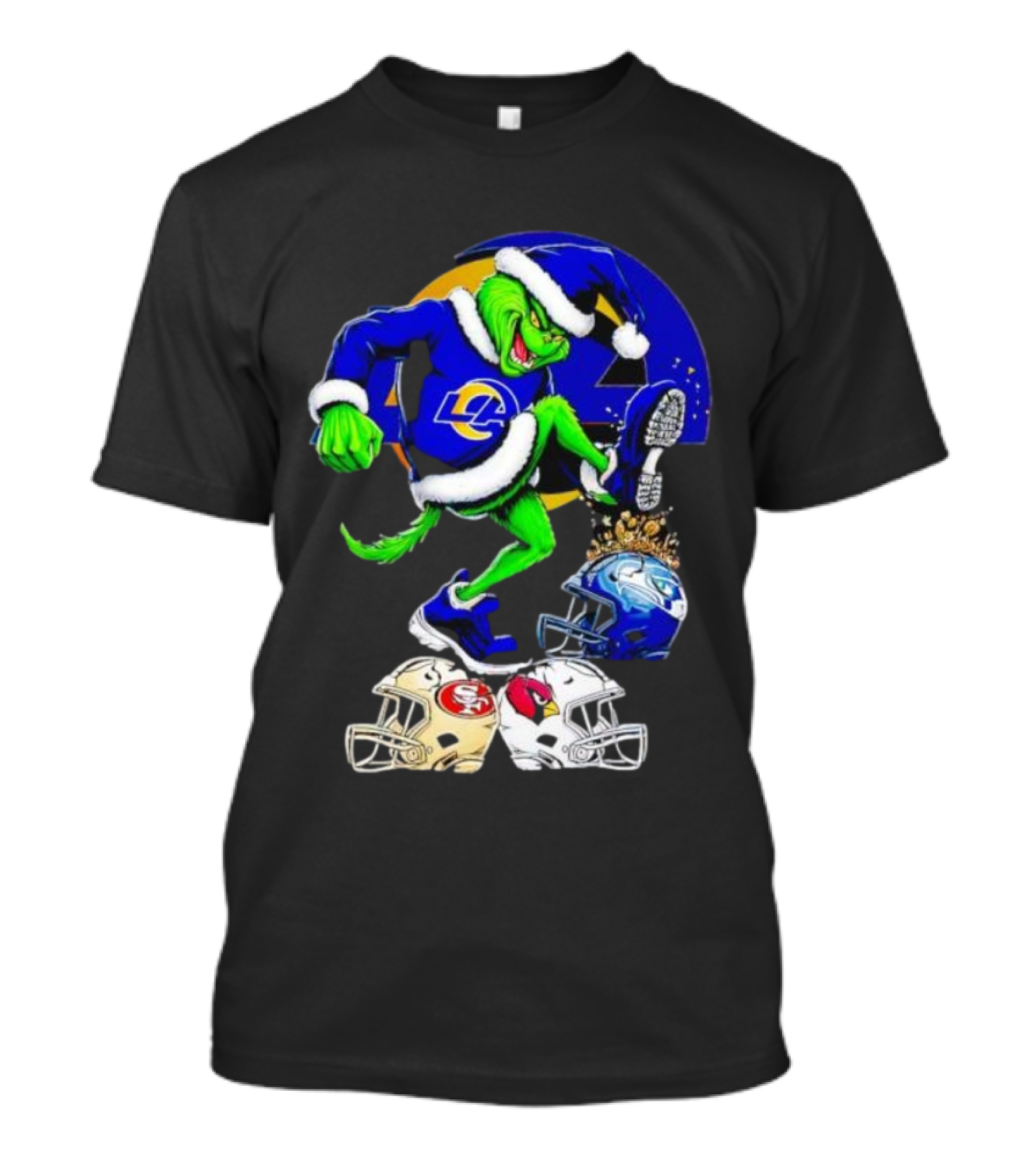 Los Angeles Rams Grinch Stomping NFL Helmets Christmas Funny Santa T-Shirt