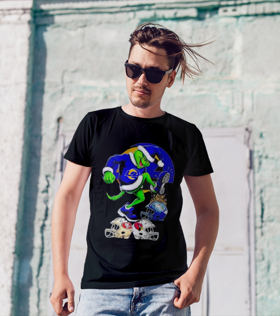 Los Angeles Rams Grinch Stomping NFL Helmets Christmas Funny Santa T-Shirt