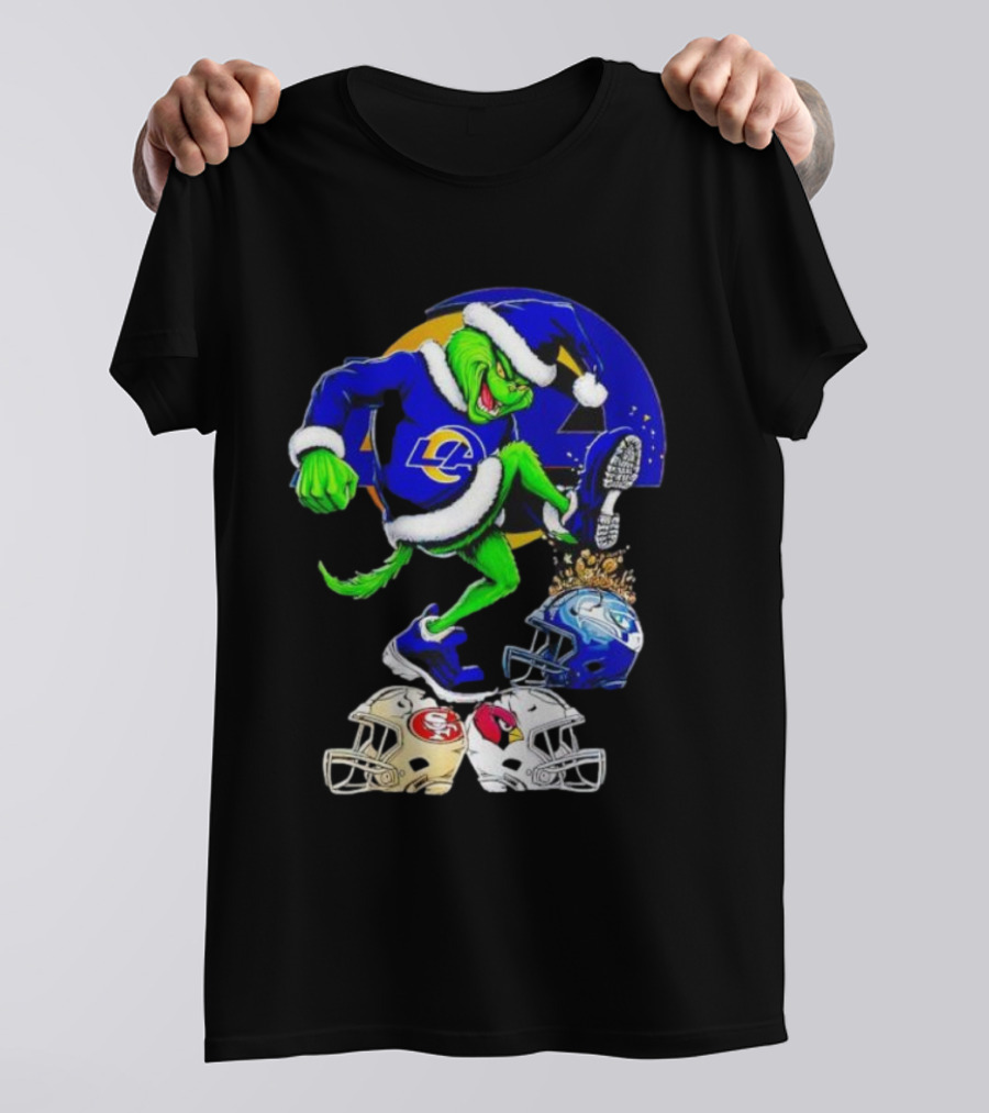 Los Angeles Rams Grinch Stomping NFL Helmets Christmas Funny Santa T-Shirt