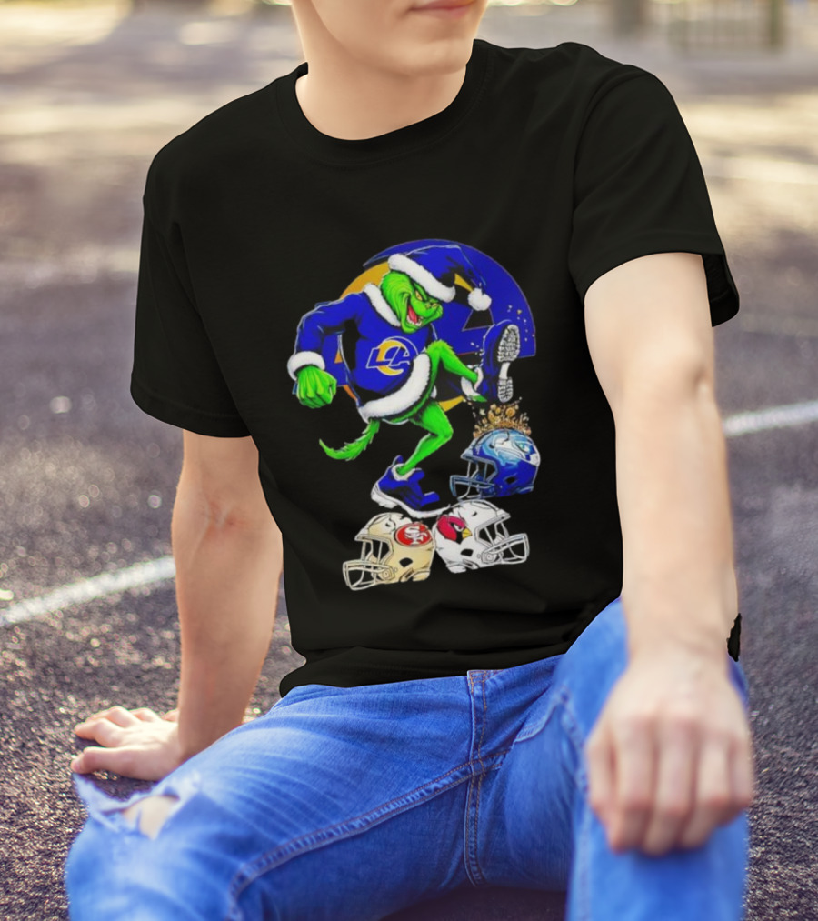 Los Angeles Rams Grinch Stomping NFL Helmets Christmas Funny Santa T-Shirt