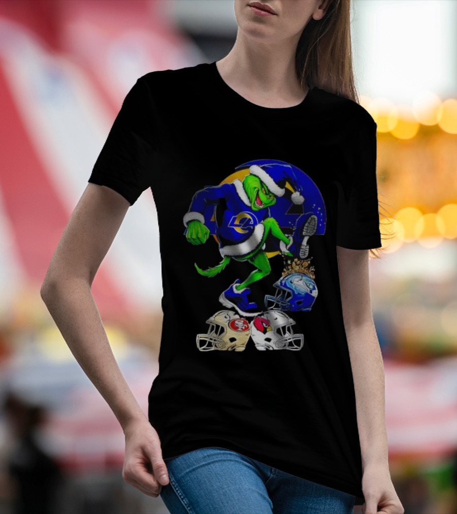 Los Angeles Rams Grinch Stomping NFL Helmets Christmas Funny Santa T-Shirt