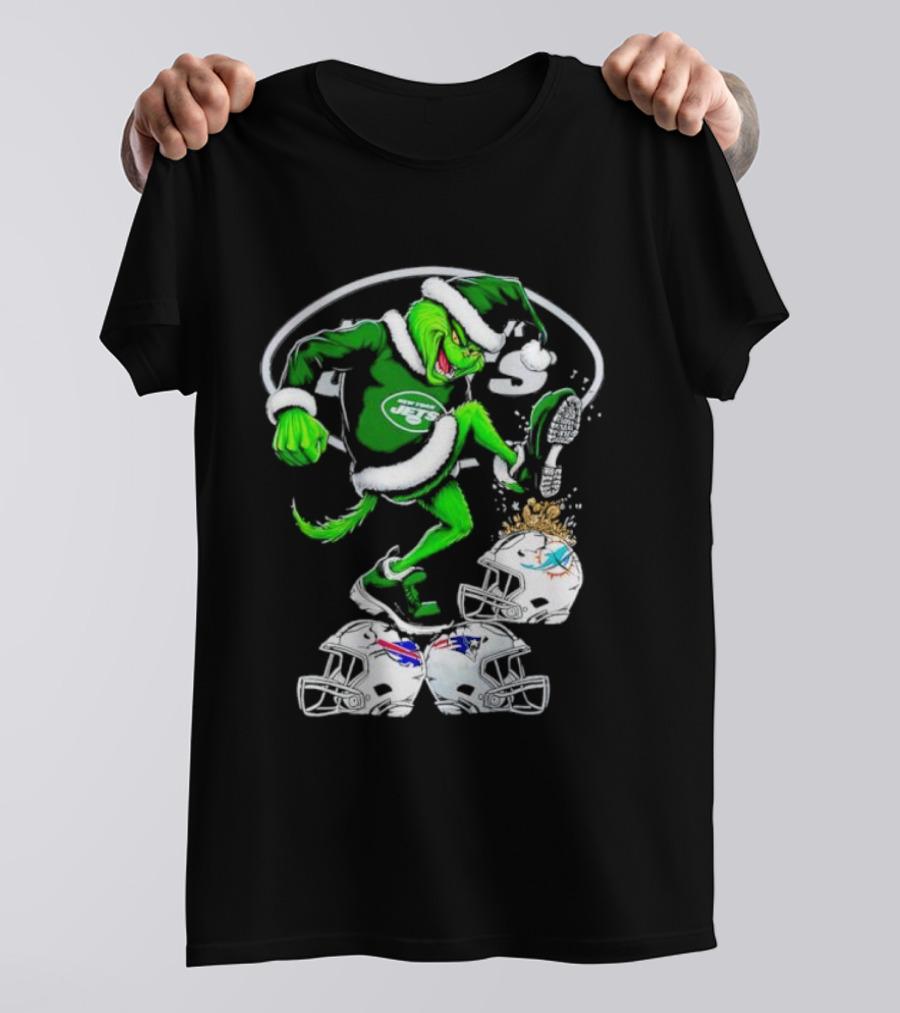 New York Jets Grinch Santa Stomping NFL Helmets Funny Christmas T-Shirt