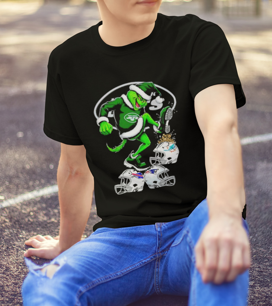 New York Jets Grinch Santa Stomping NFL Helmets Funny Christmas T-Shirt