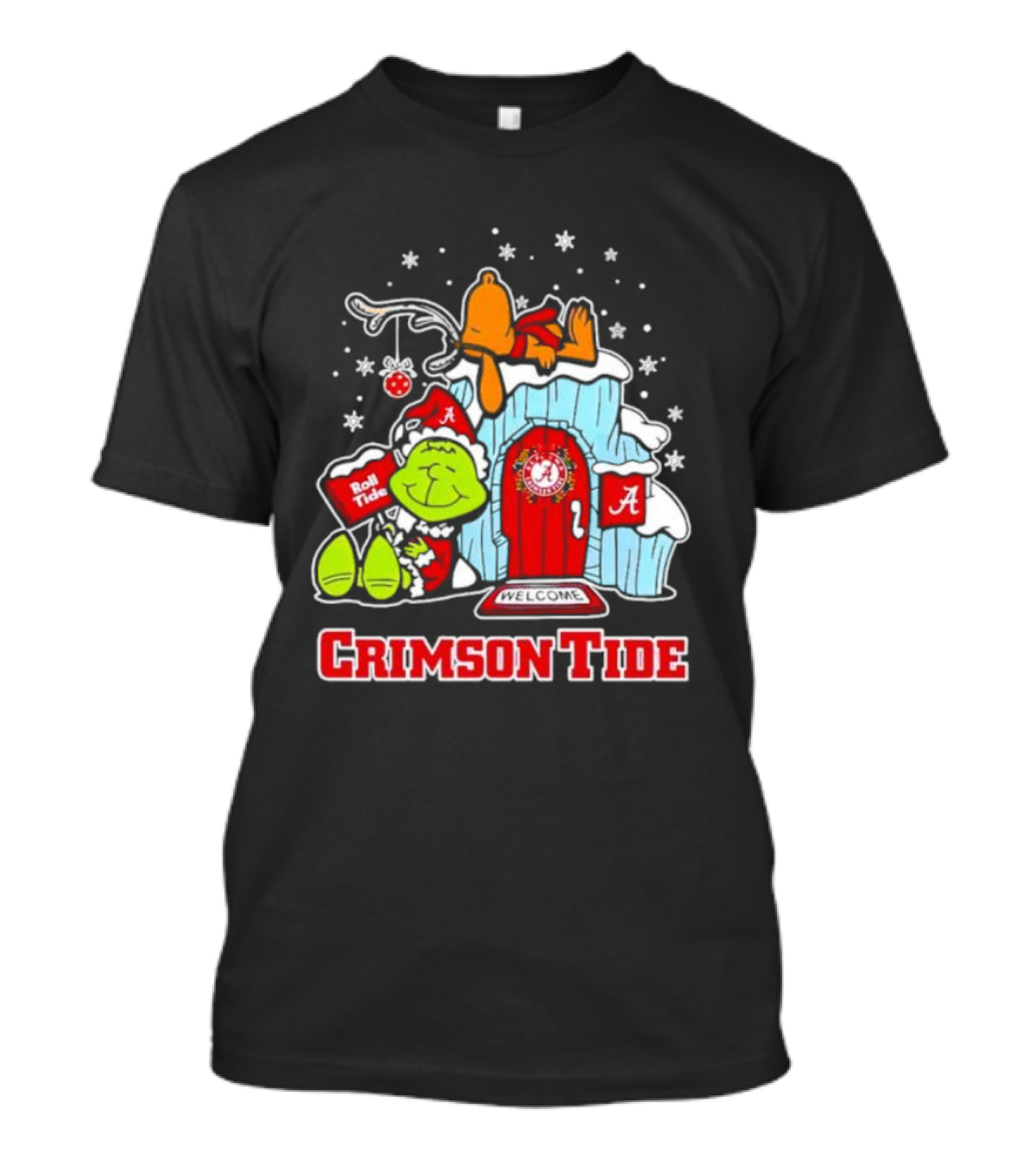Alabama Crimson Tide Grinch And Snoopy Welcome Merry Xmas T-Shirt