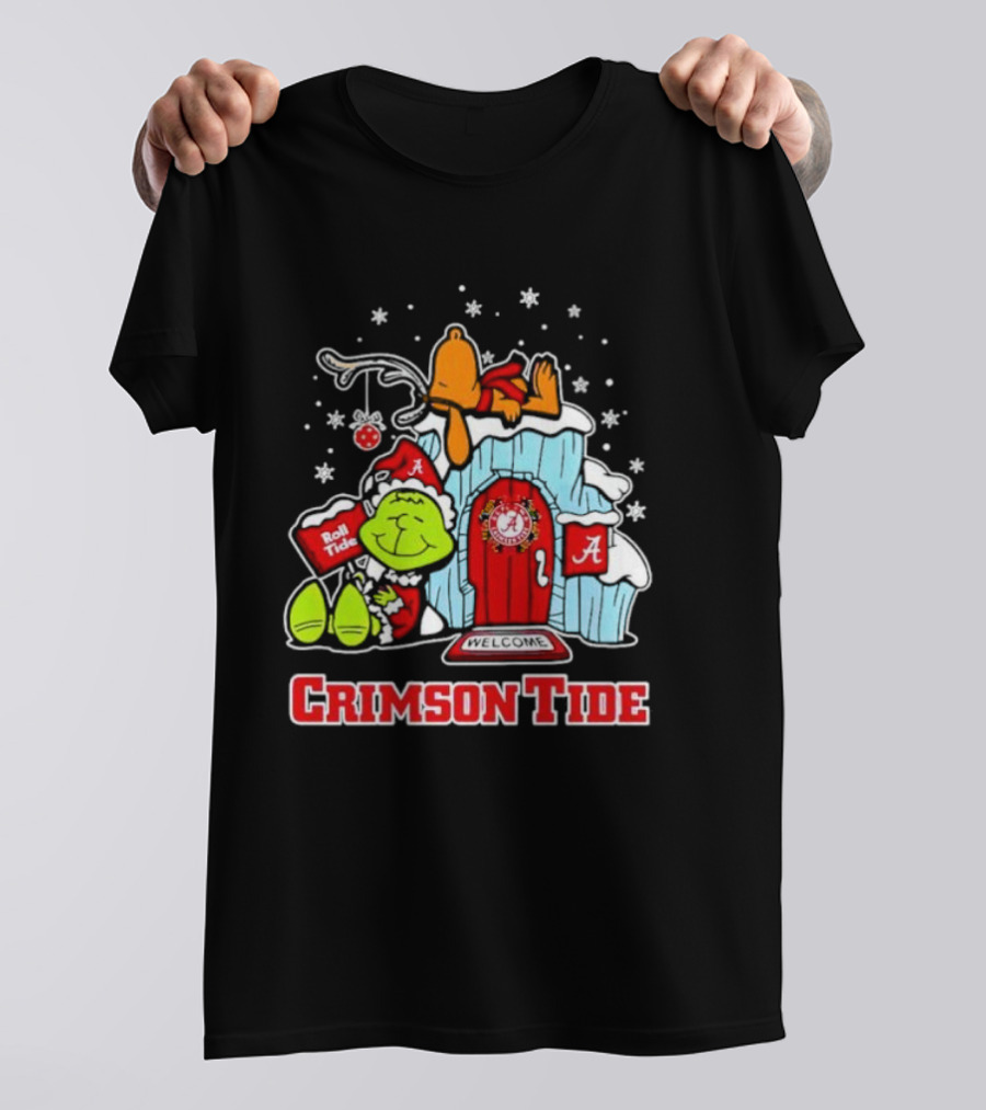 Alabama Crimson Tide Grinch And Snoopy Welcome Merry Xmas T-Shirt