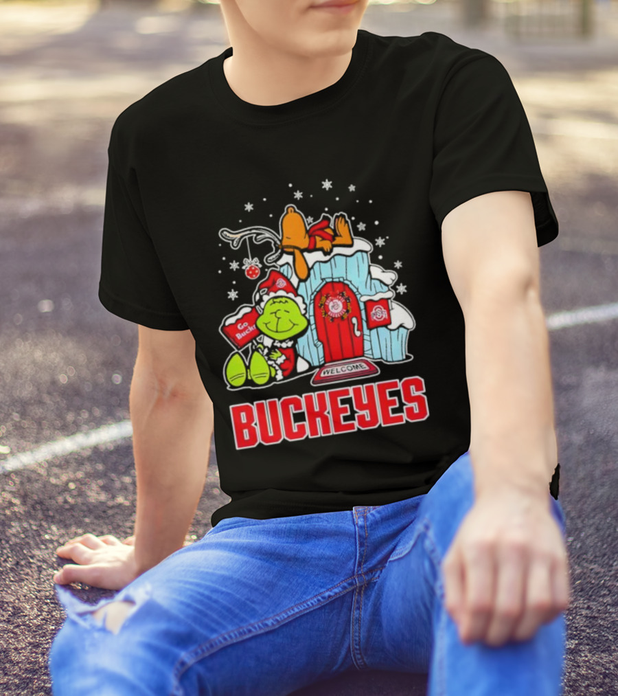 Peanuts Grinch Ohio State Buckeyes Go Bucs Merry Xmas Snoopy Woodstock T-Shirt