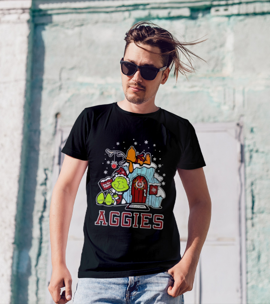 Peanuts Aggies Grinch Snoopy Christmas Hut Texas Holiday T-Shirt