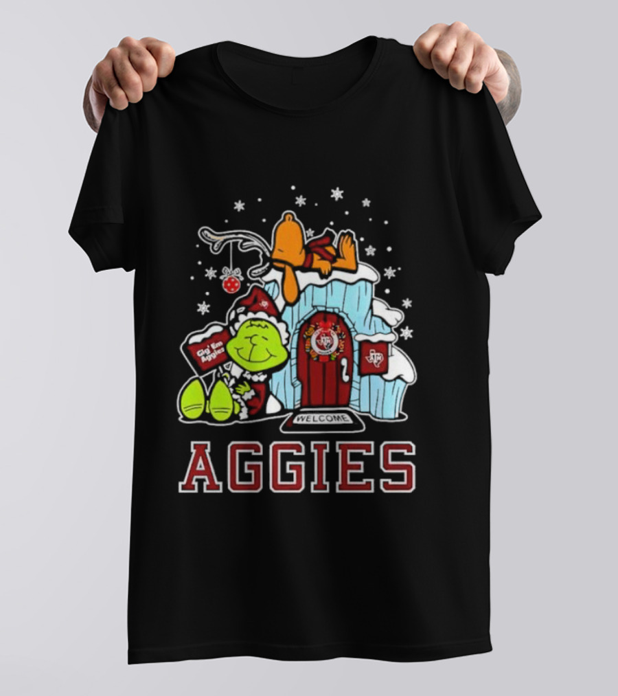 Peanuts Aggies Grinch Snoopy Christmas Hut Texas Holiday T-Shirt