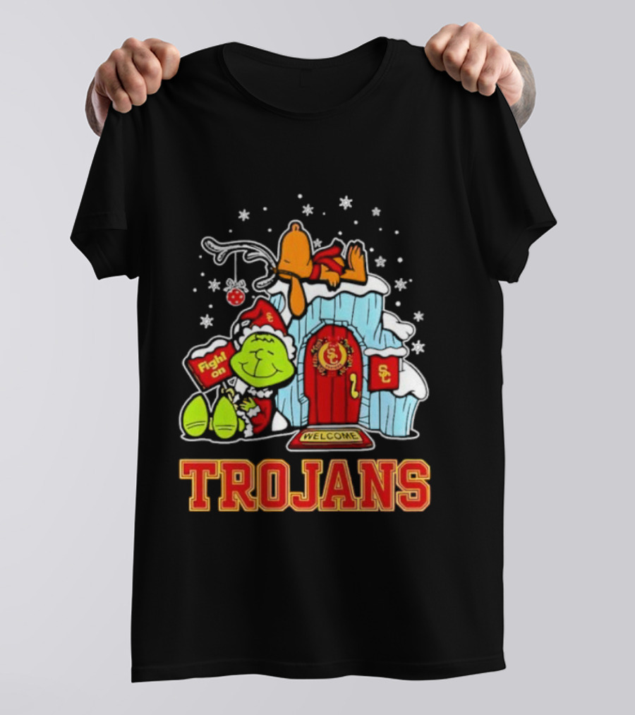 Peanuts USC Trojans Grinch Snoopy Christmas Fight On Welcome T-Shirt