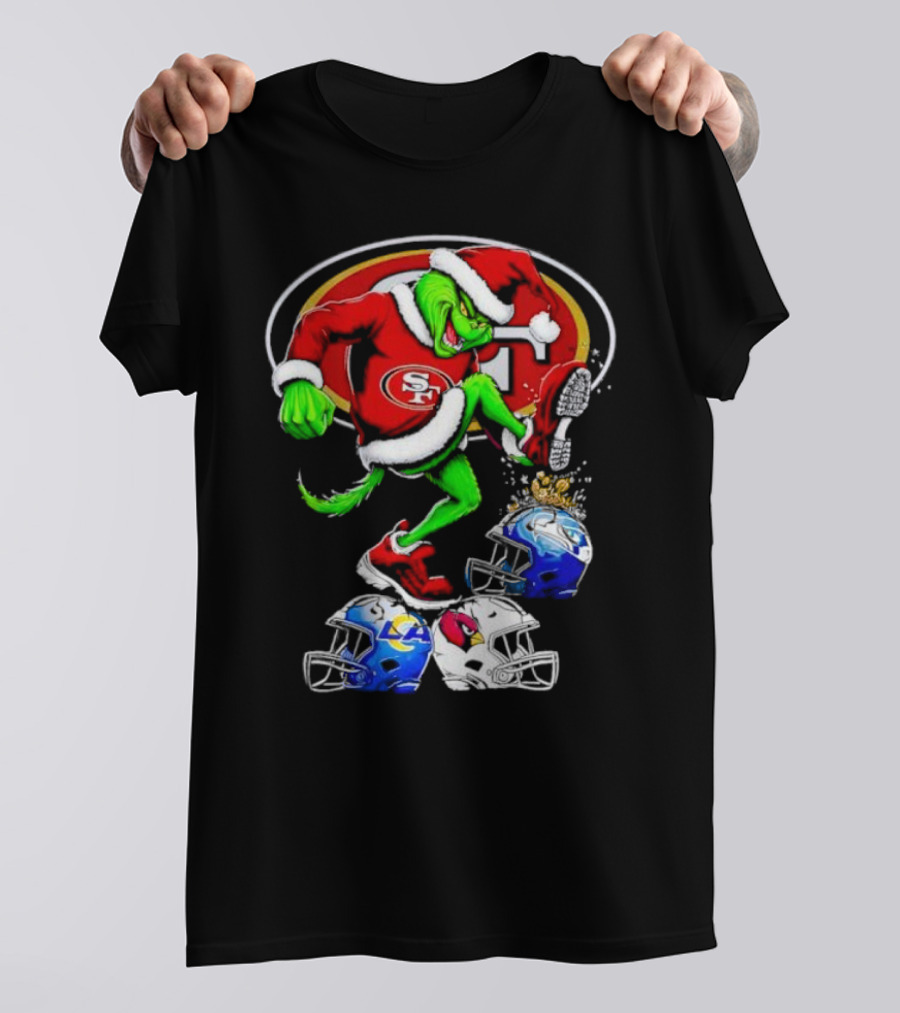 San Francisco 49ers Grinch In Santa Suit Stomps NFL Helmets Rams Cardinals Christmas T-Shirt