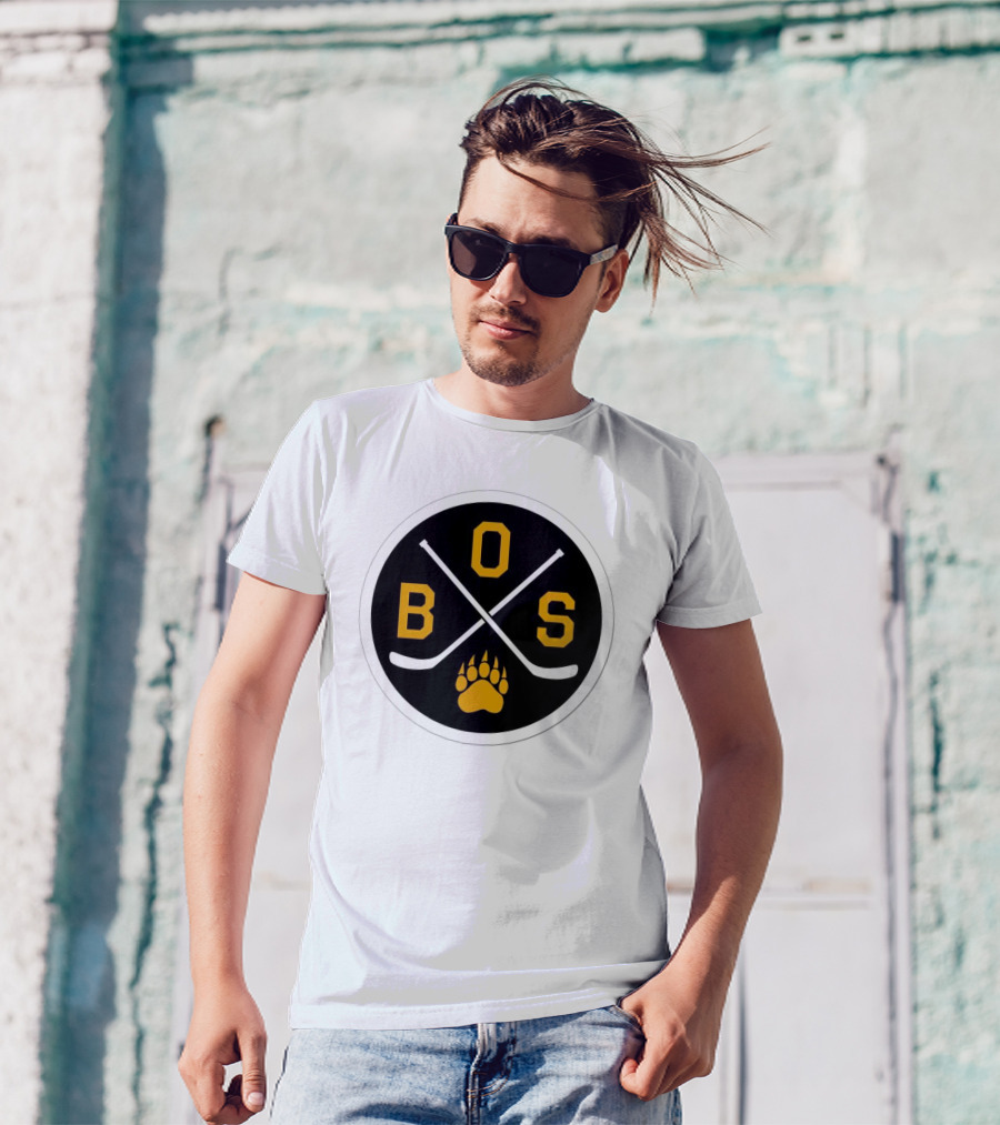 Boston Bruins Emblem BOS Hockey Sticks Paw Prints T-Shirt