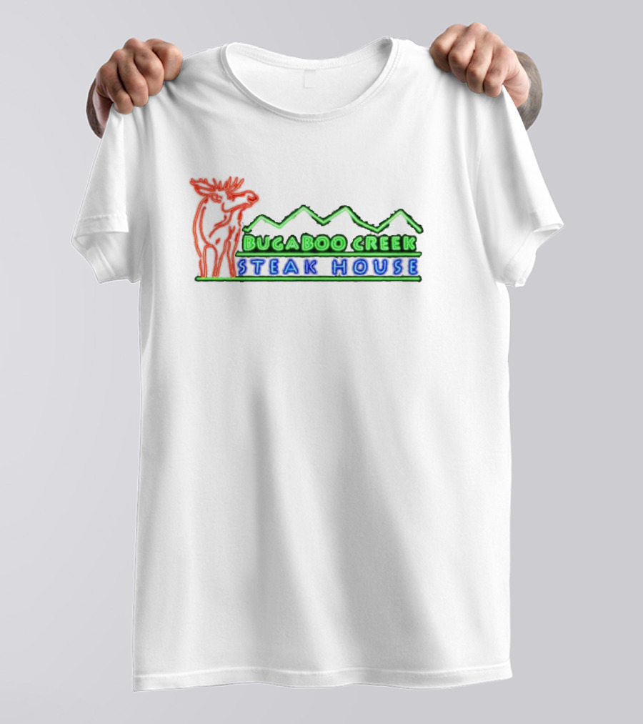 Bugaboo Creek Steakhouse Neon Logo With Moose And Mountain T-Shirt