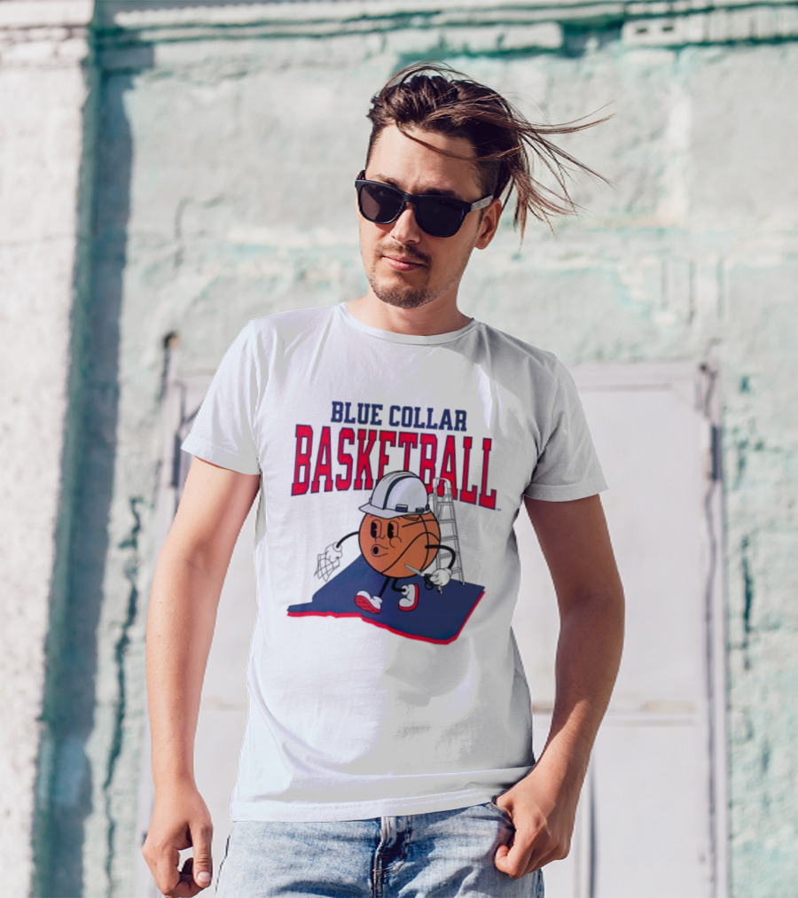 Blue Collar Basketball Hard Hat Hoop Cartoon T-Shirt