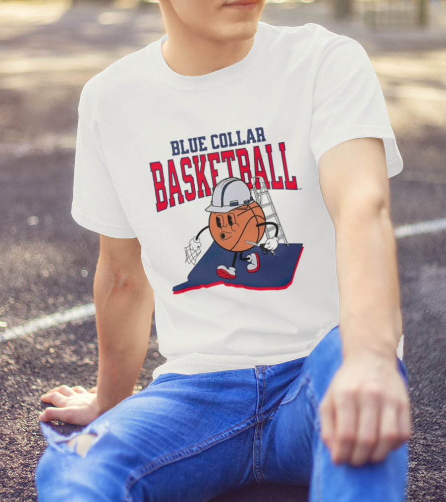 Blue Collar Basketball Hard Hat Hoop Cartoon T-Shirt