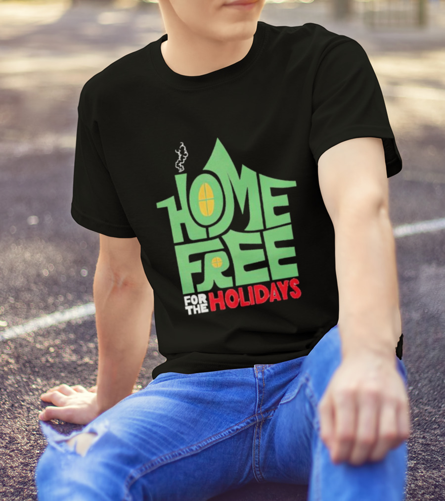 Home Free For The Holidays Text In Green House Shape With Yellow Windows T-Shirt