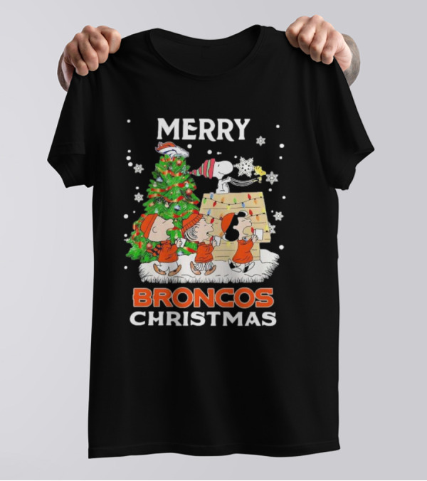 Merry Broncos Christmas Peanuts Characters T-Shirt