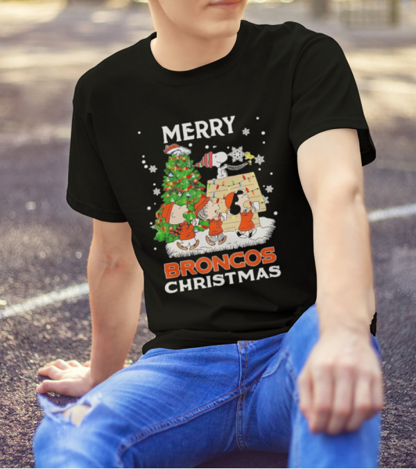 Merry Broncos Christmas Peanuts Characters T-Shirt