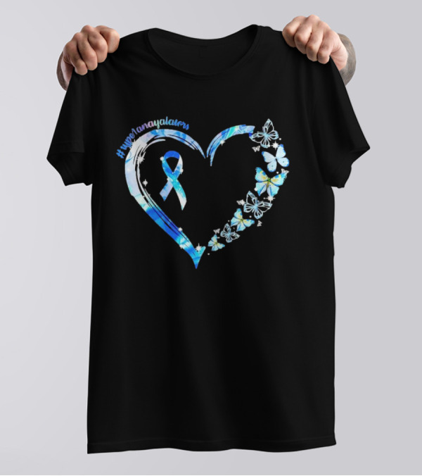Type1Namayalars Diabetes Awareness Heart With Blue Ribbon And Butterflies T-Shirt