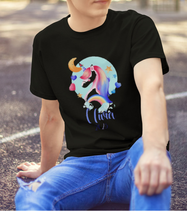 Olivia 2025 Rainbow Unicorn Hearts And Stars Christmas T-Shirt