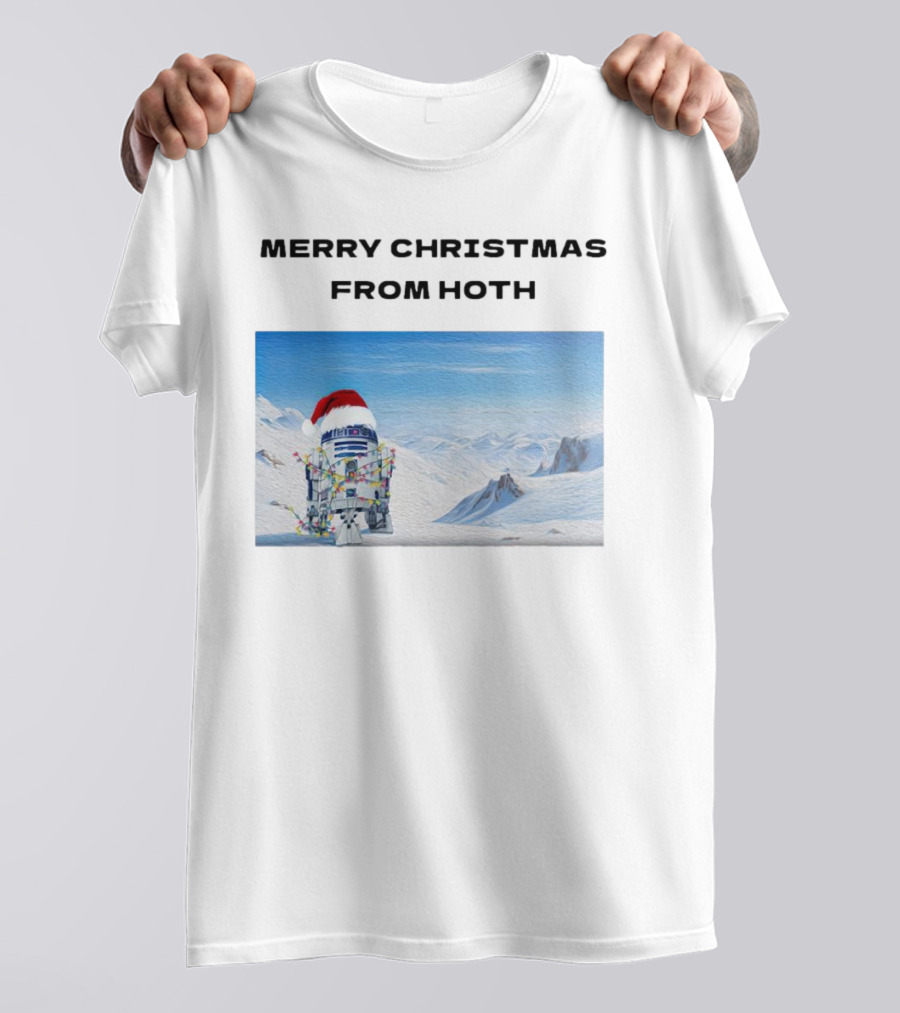 R2-D2 Merry Christmas From Hoth Santa Hat Lights Snowy Scene T-Shirt