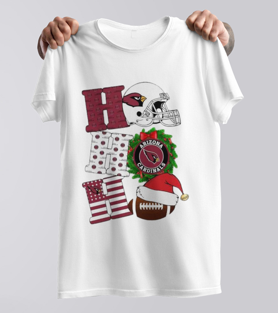 Arizona Cardinals Helmet Wreath Football Ho Ho Ho Merry Christmas T-Shirt