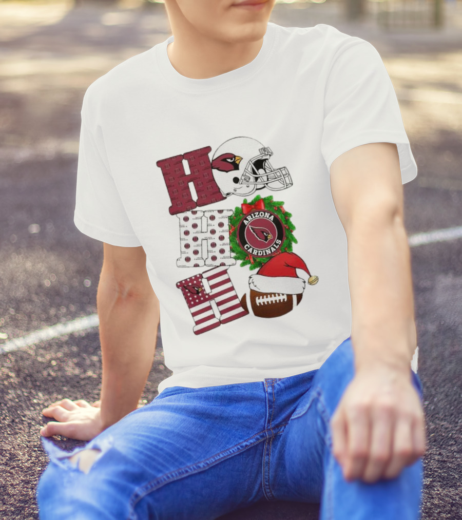 Arizona Cardinals Helmet Wreath Football Ho Ho Ho Merry Christmas T-Shirt