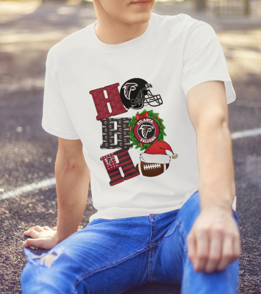 Atlanta Falcons Ho Ho Ho Merry Christmas Football Helmet Wreath Santa Hat T-Shirt