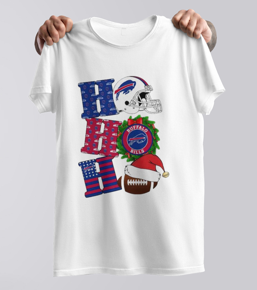 Buffalo Bills Helmet Wreath Football Santa Hat Ho Ho Ho Merry Christmas T-Shirt