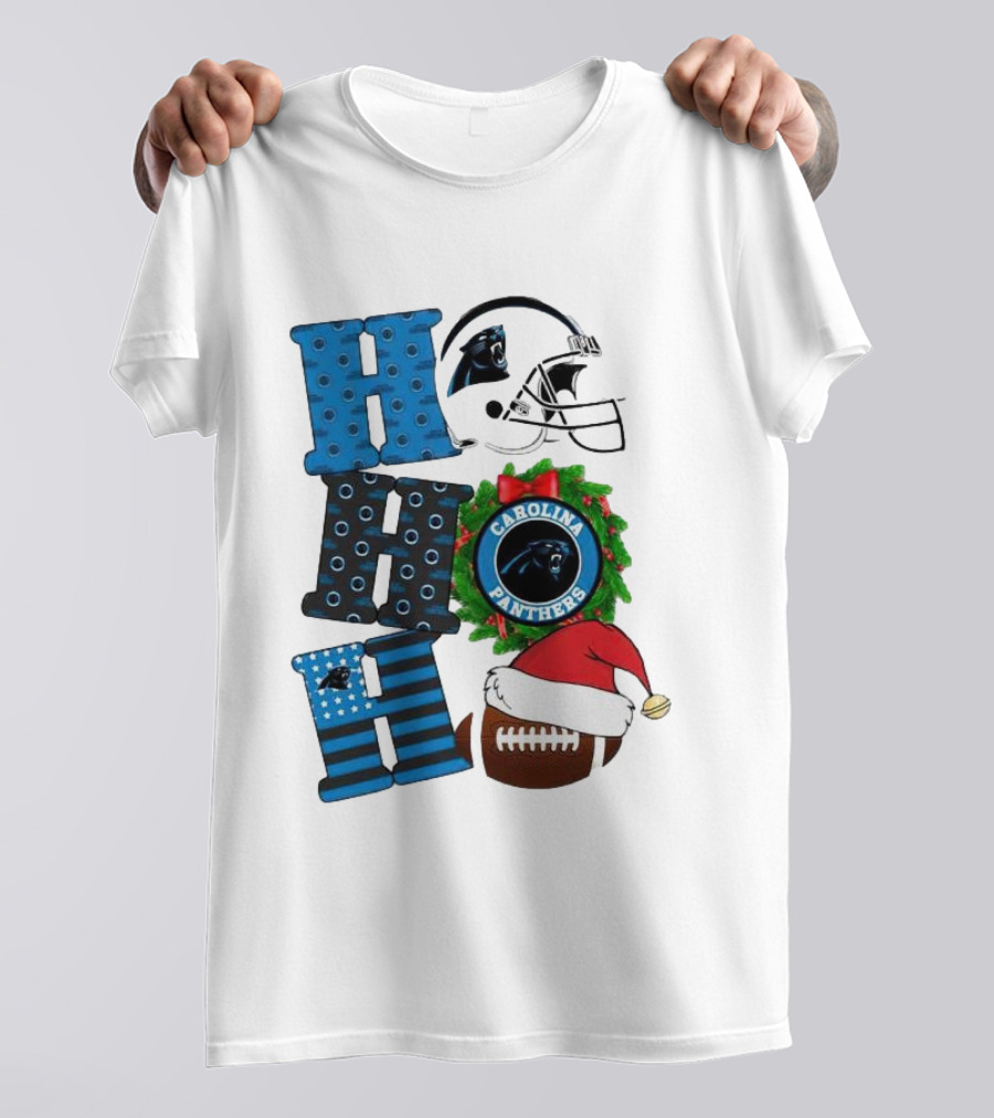 Carolina Panthers Ho Ho Ho Merry Christmas Football Helmet Wreath Santa Hat T-Shirt