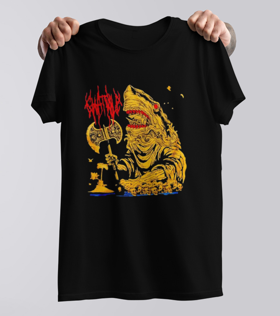 Chat Pile Shark With Axe On Tropical Beach T-Shirt