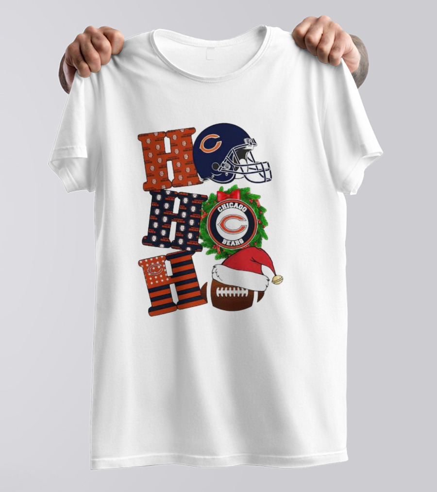Chicago Bears Ho Ho Ho Merry Christmas Football Helmet Wreath Santa Hat T-Shirt