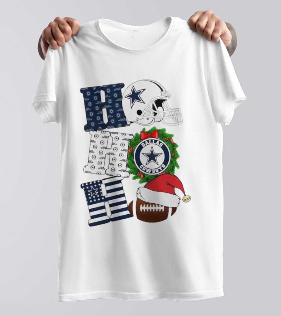 Dallas Cowboys Helmet Wreath Football Christmas Ho Ho Ho Merry Christmas T-Shirt