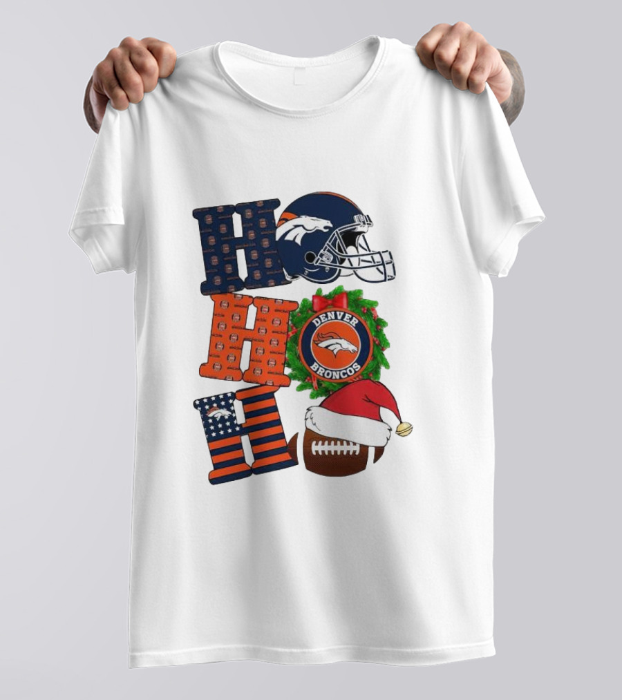 Denver Broncos Ho Ho Ho Merry Christmas Football Helmet Wreath Santa Hat Holiday T-Shirt