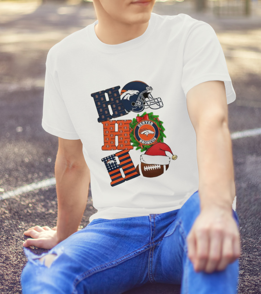 Denver Broncos Ho Ho Ho Merry Christmas Football Helmet Wreath Santa Hat Holiday T-Shirt
