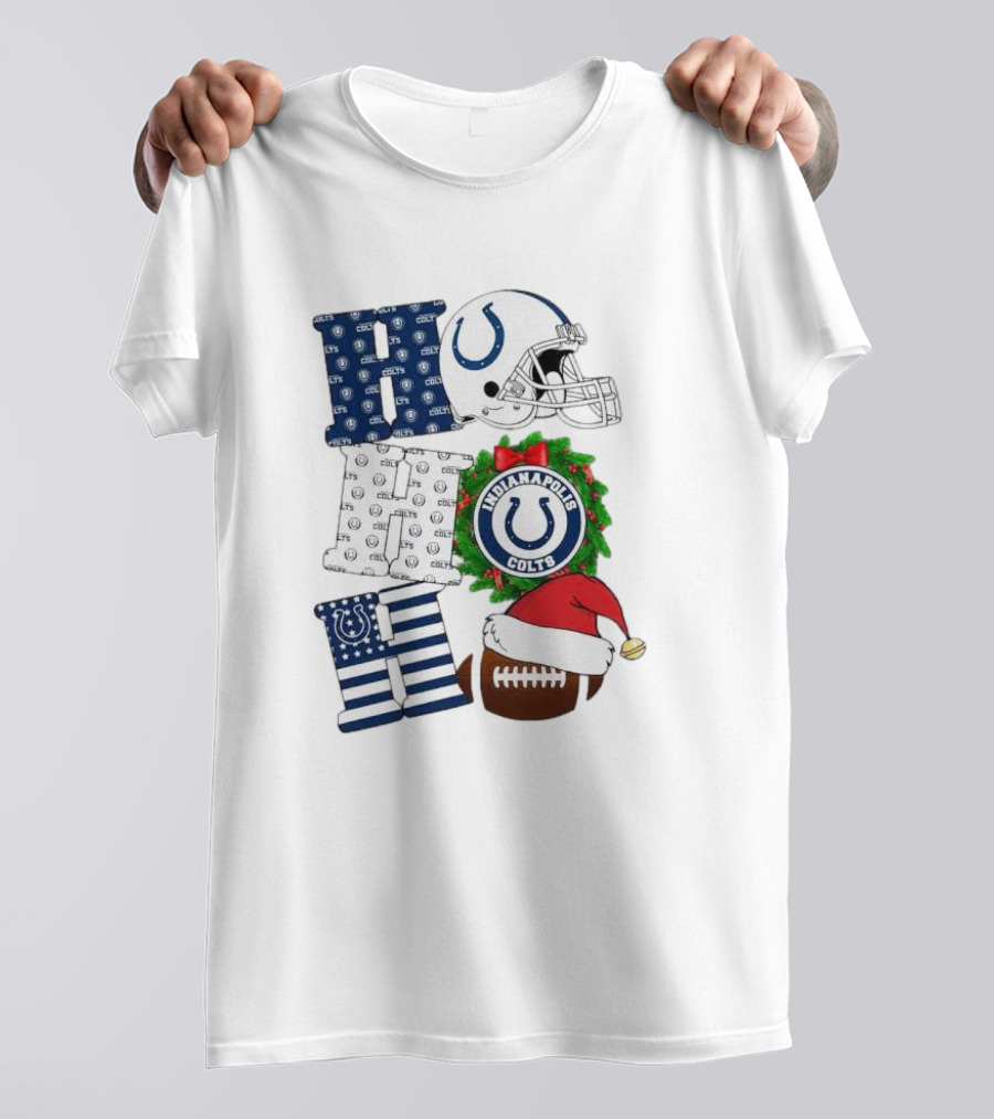 Indianapolis Colts Ho Ho Ho Merry Christmas Football Festive Logo Helmet Wreath Santa Hat T-Shirt