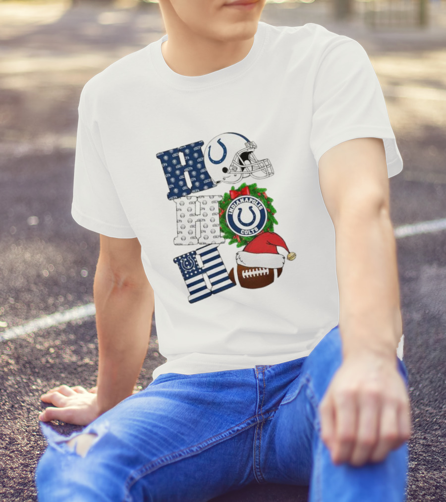 Indianapolis Colts Ho Ho Ho Merry Christmas Football Festive Logo Helmet Wreath Santa Hat T-Shirt