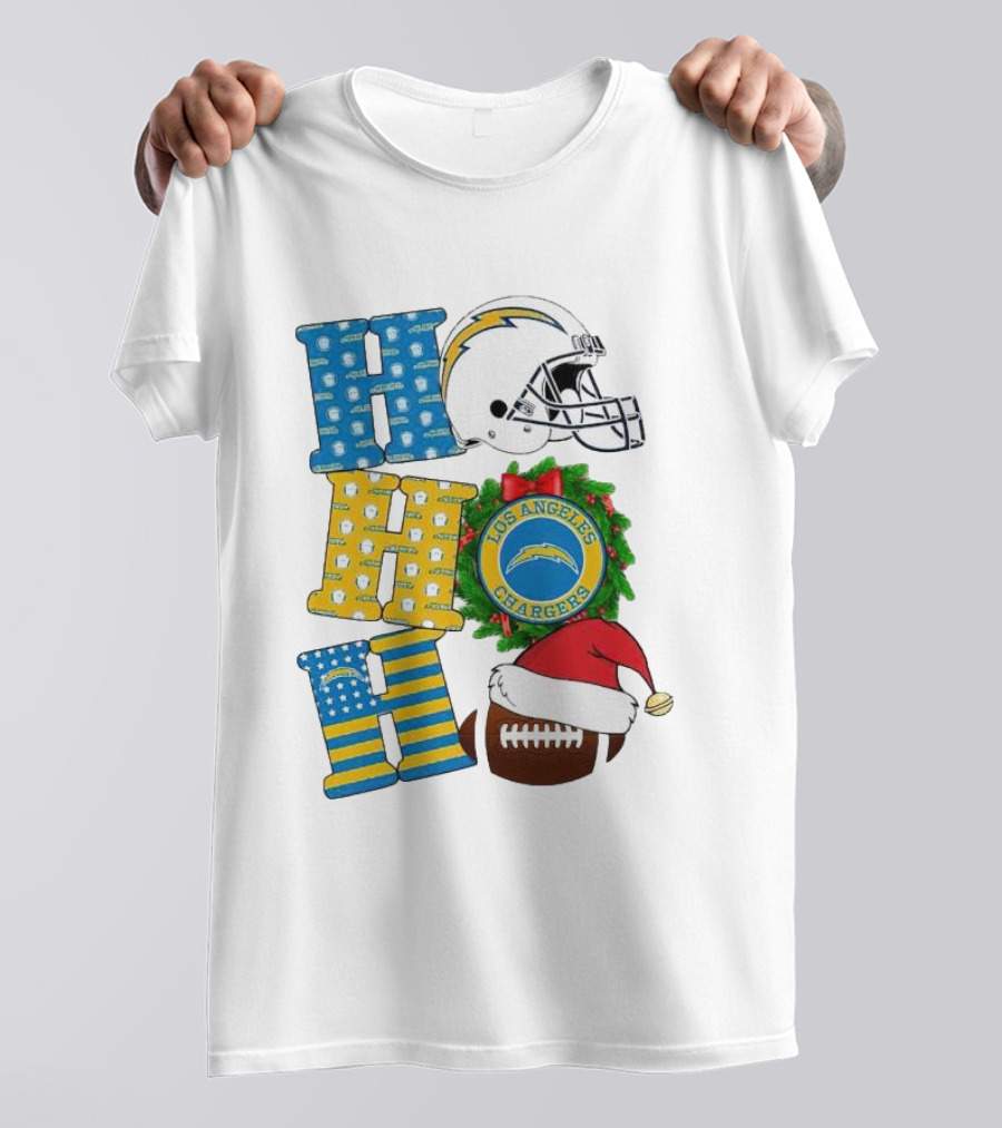 Los Angeles Chargers Ho Ho Ho Merry Christmas Wreath Helmet Football Santa Hat Featured T-Shirt