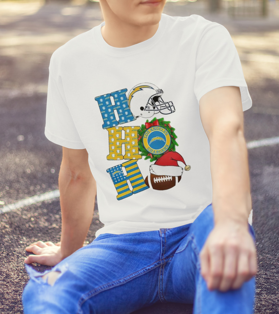 Los Angeles Chargers Ho Ho Ho Merry Christmas Wreath Helmet Football Santa Hat Featured T-Shirt