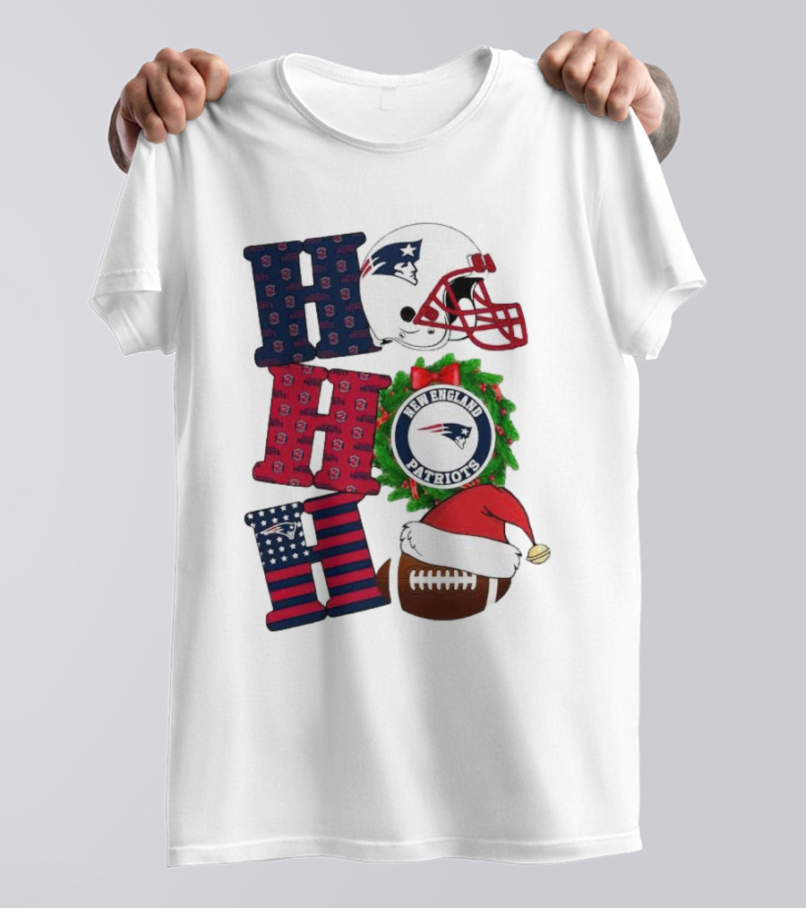 New England Patriots Ho Ho Ho Merry Christmas Football Helmet Wreath Santa Hat Football T-Shirt